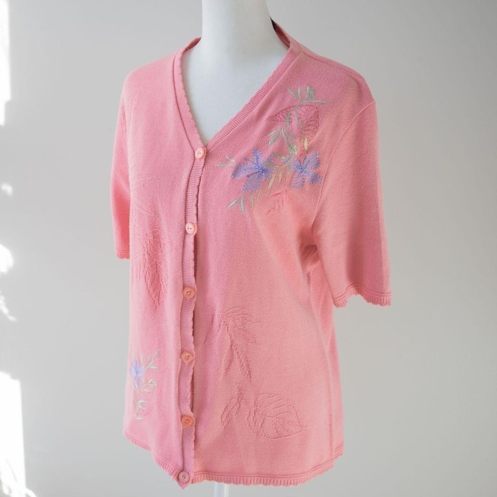 Pink Knit floral embroidered women's cardigan sweater